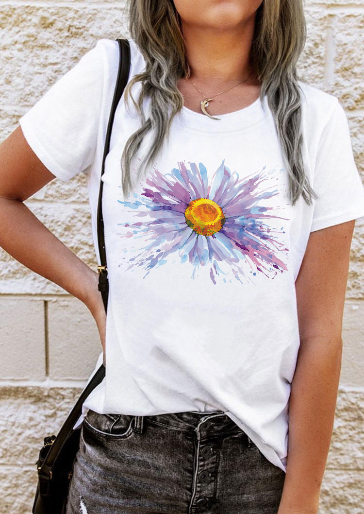

Watercolor Daisy O-Neck T-Shirt Tee - White, SCM014324
