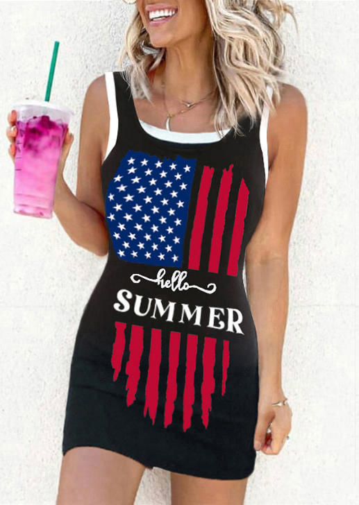 

Hello Summer American Flag Fake Two-Piece Mini Dress - Black, SCM014361
