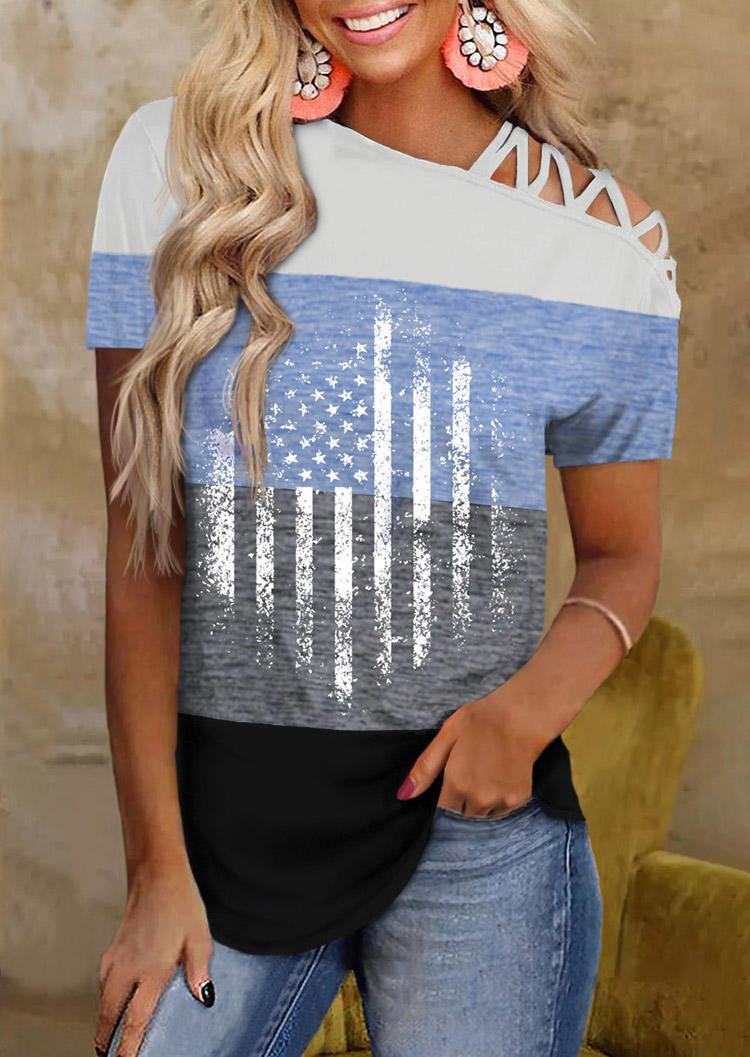 American Flag Criss-Cross One Sided Cold Shoulder Blouse