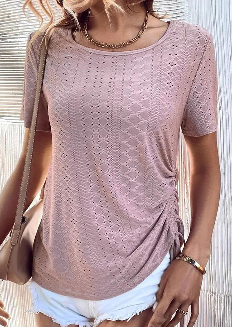 

Drawstring Hollow Out O-Neck Blouse - Pink, SCM014377