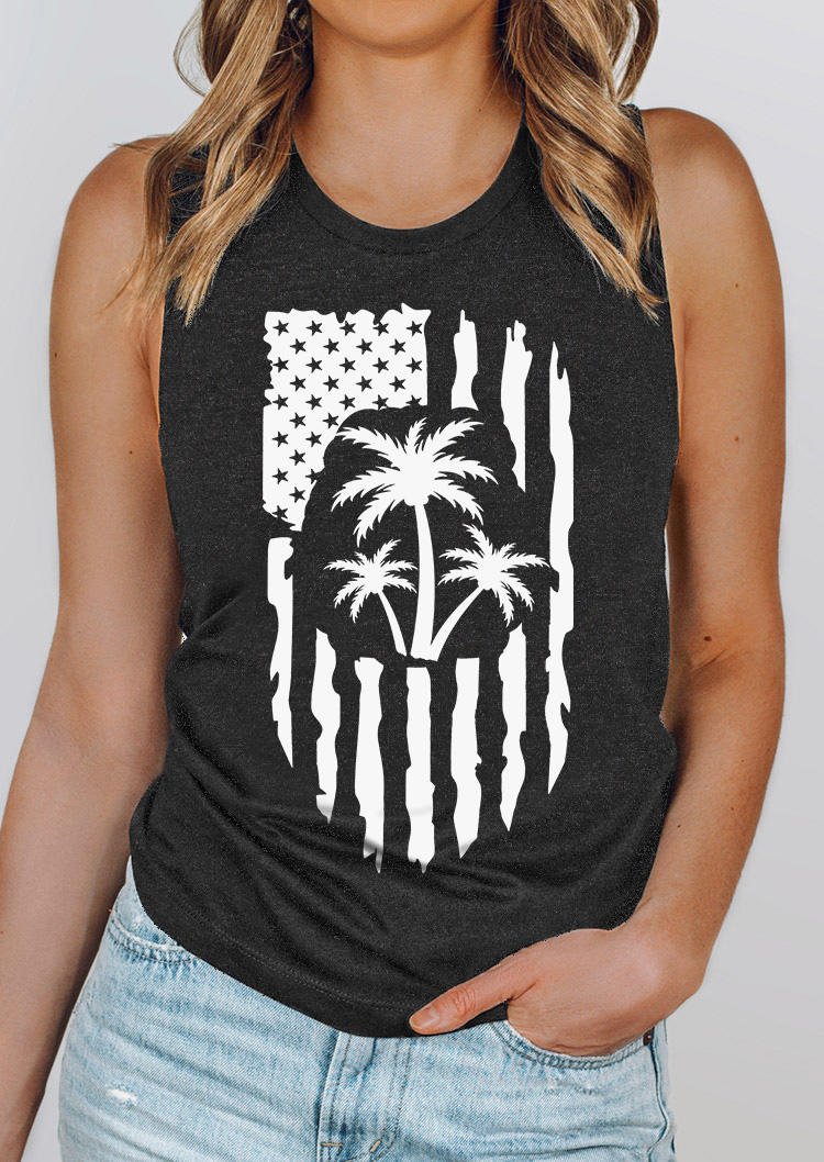

American Flag Coconut Tree O-Neck Tank - Dark Grey, Gray, SCM014411