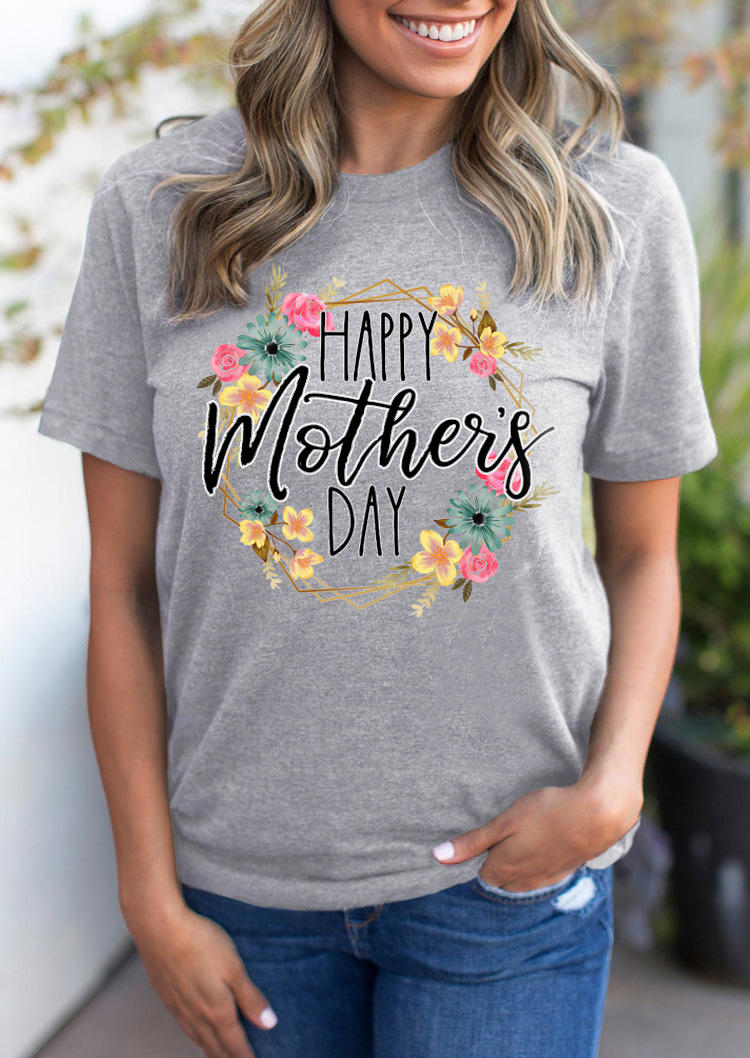

Floral Happy Mother' Day O-Neck T-Shirt Tee - Gray, SCM014497