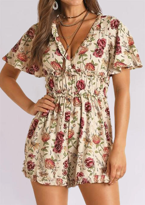 

Rose Floral Ruffled V-Neck Romper, Multicolor, SCM014501