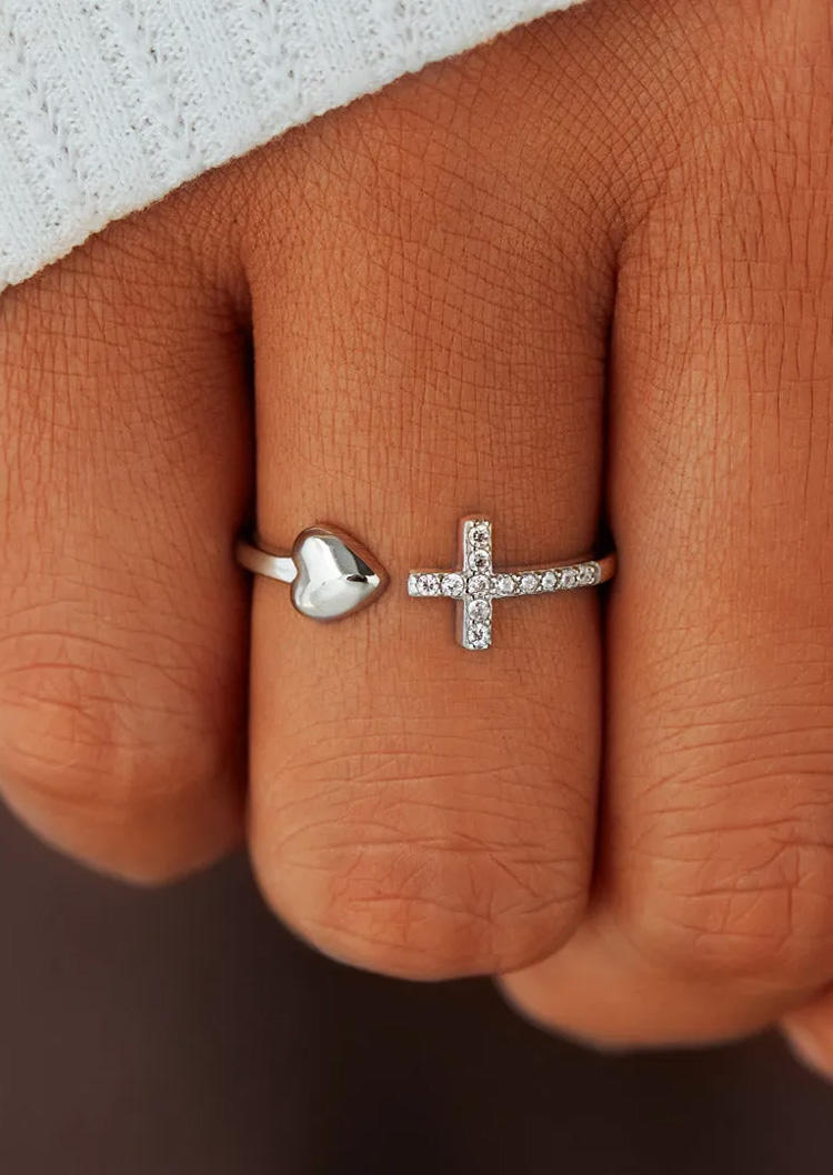 

Rhinestone Cross Heart Open Alloy Ring, Silver, SCM014557