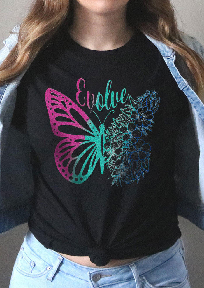 

Evolve Butterfly O-Neck T-Shirt Tee - Black, SCM014548