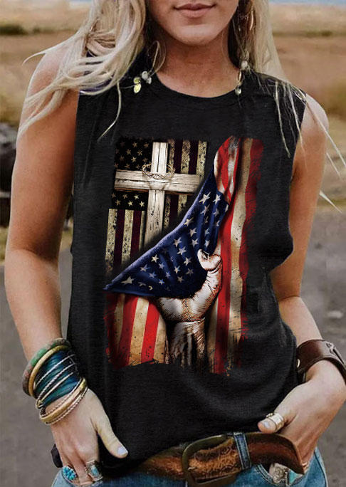 

American Flag Cross O-Neck Tank - Black, SCM012985