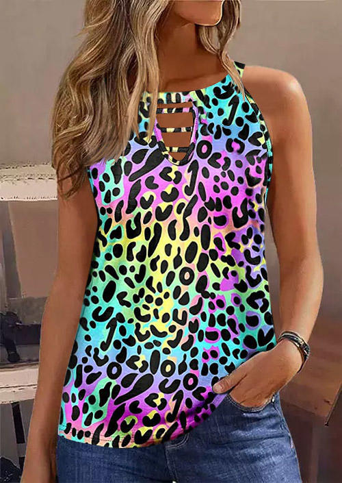 

Leopard Hollow Out Tank, Multicolor, SCM014354