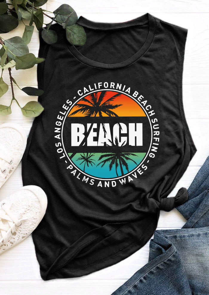 

California Beach Surfing Palms And Waves Tank - Black, SCM014579