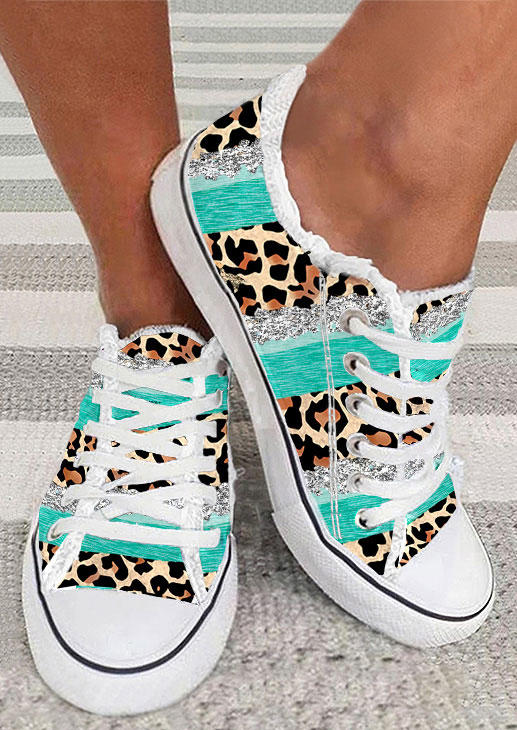 

Glitter Leopard Lace Up Round Toe Flat Sneakers, Multicolor, SCM014591