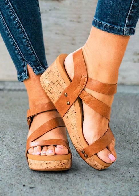 

Velcro Closure Wedge Sandals - Brown, SCM014392