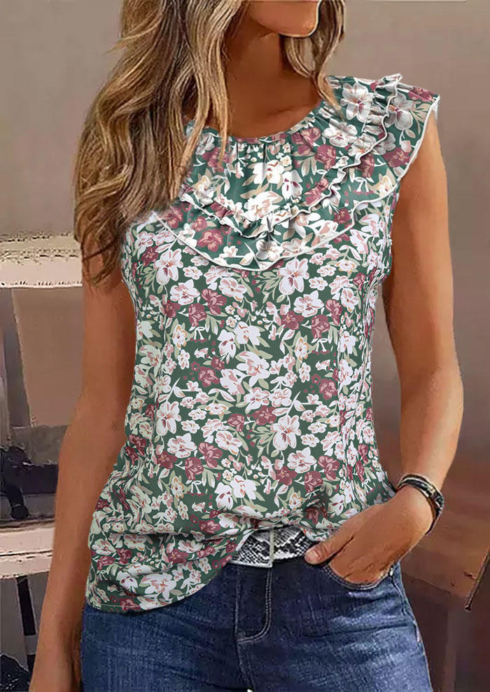 

Ditsy Floral Button Ruffles O-Neck Blouse, Multicolor, SCM014573