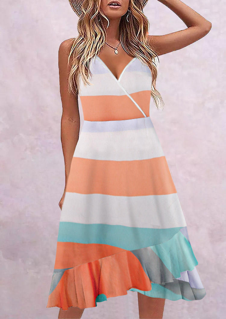 

Striped Color Block Ruffled Spaghetti Strap Midi Dress, Multicolor, SCM012833