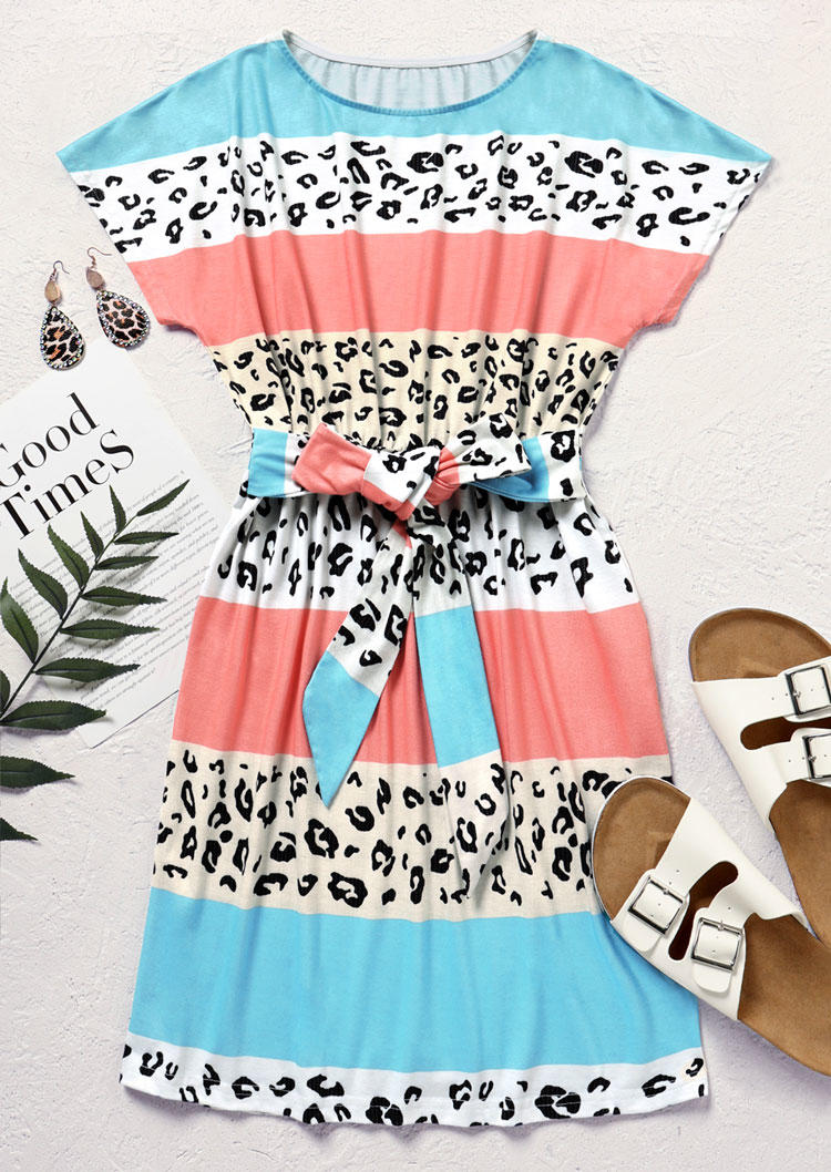 Leopard Color Block Tie Mini Dress