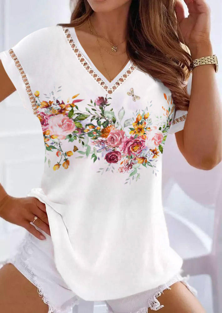 

Floral Lace Splicing V-Neck Blouse - White, SCM014314