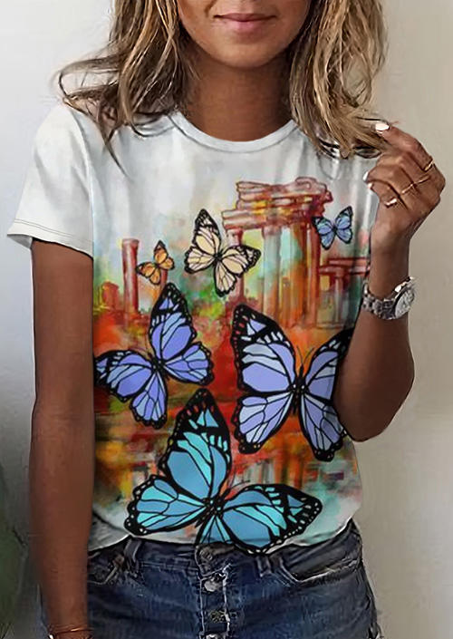 

Simple Colorful Butterfly T-Shirt Tee, Multicolor, SCM014438