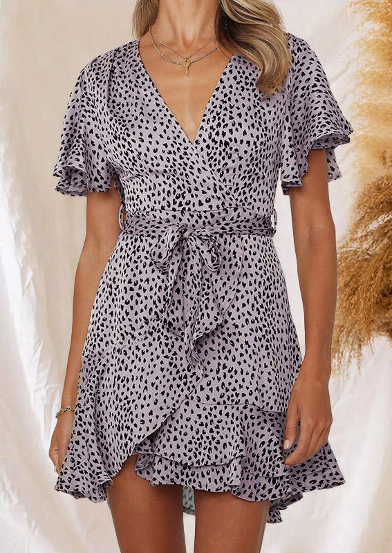 

Leopard Ruffled V-Neck Mini Dress with Belt, Multicolor, SCM014556
