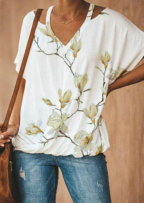 

Floral Hollow Out Short Sleeve Blouse - White, SCM014577