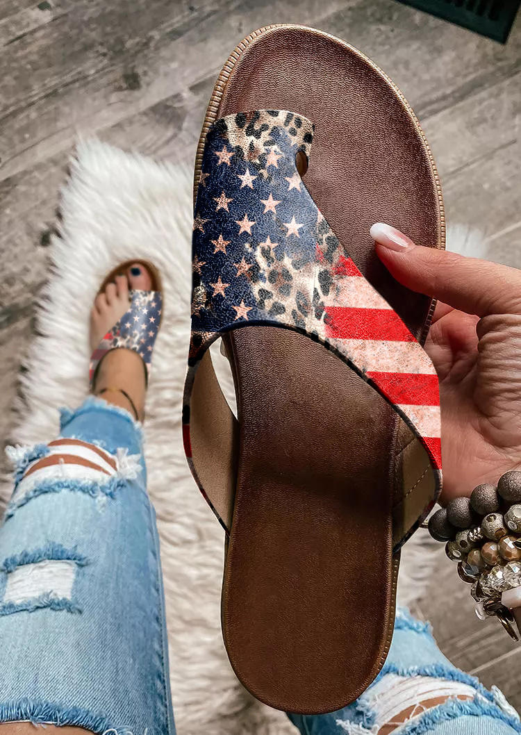 Star Striped Leopard Toe Ring Flat Slippers, Multicolor, SCM014628