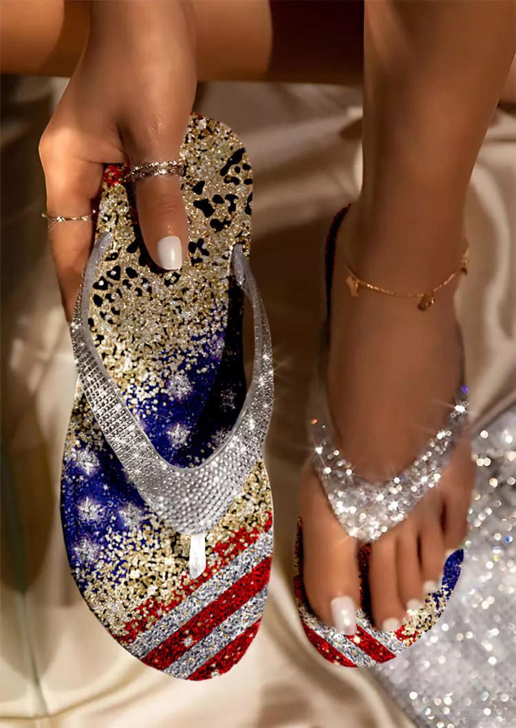 

American Flag Rhinestone Flat Flip Flops Slippers, Multicolor, SCM014629