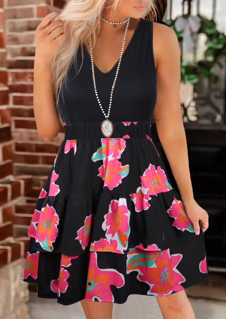 

Floral Sleeveless V-Neck Layered Mini Dress, Multicolor, SCM013365