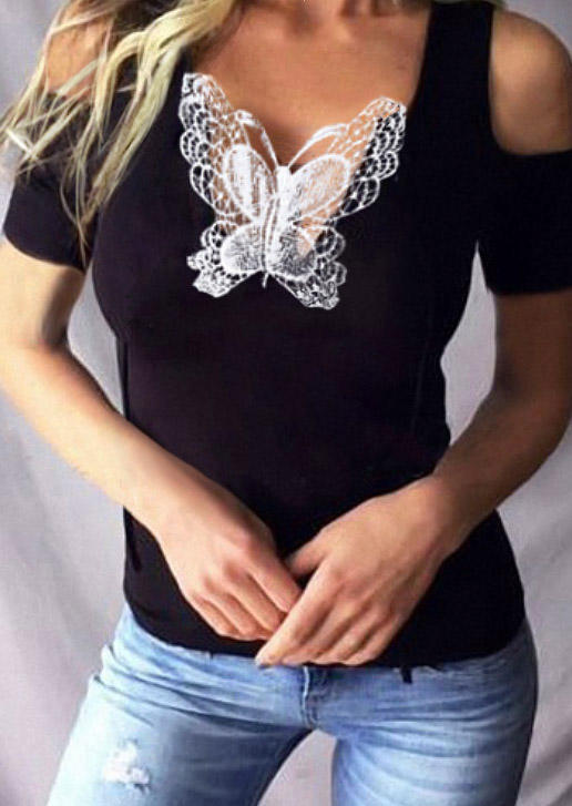 

Butterfly Lace Splicing Cold Shoulder Blouse - Black, SCM013861