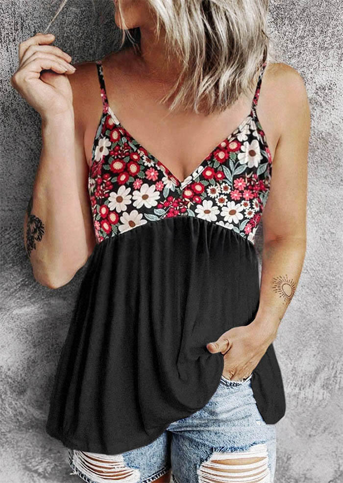 

Floral Ruffled V-Neck Camisole - Black, SCM014003