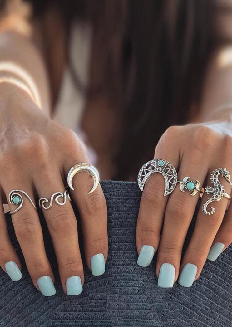 

6Pcs Moon Turquoise Alloy Open Ring Set, Silver, SCM014033