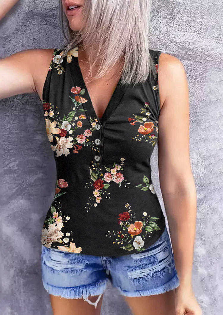 

Floral Button V-Neck Tank - Black, SCM014202