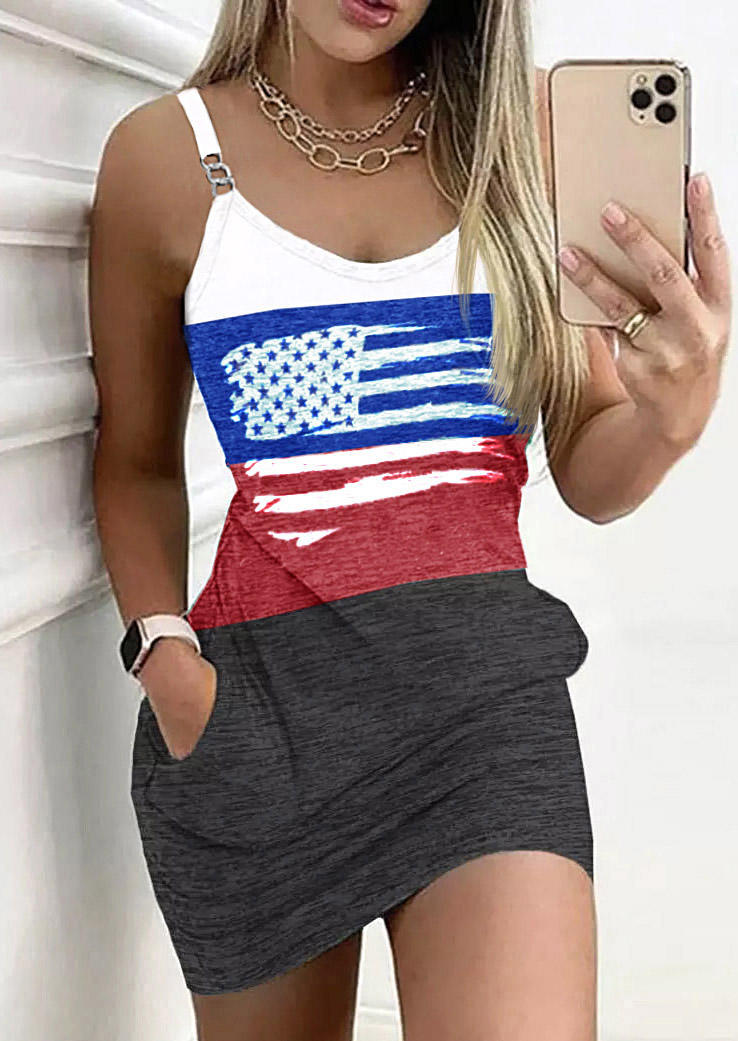 

American Flag Pocket Spaghetti Strap Mini Dress, Multicolor, SCM014423