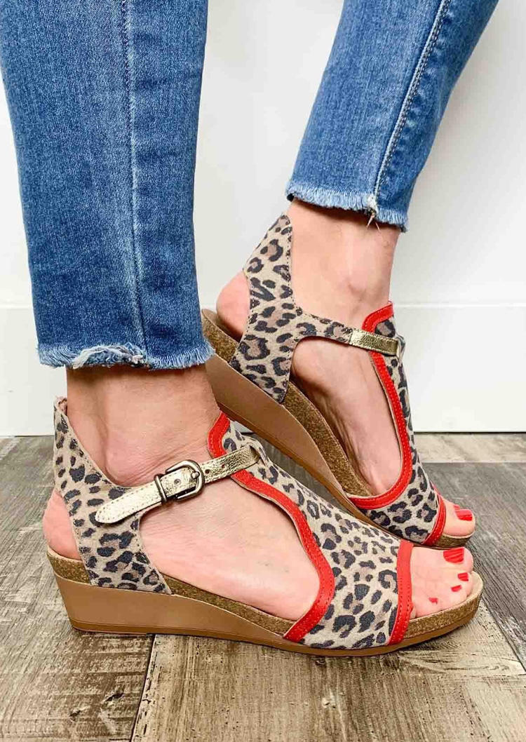 Leopard Buckle Strap Hollow Out Wedge Sandals