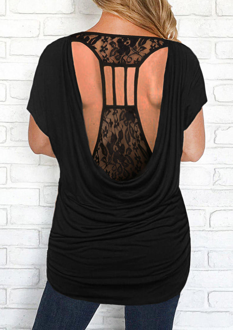 

Hollow Out Draped Lace Blouse - Black, SCM014417