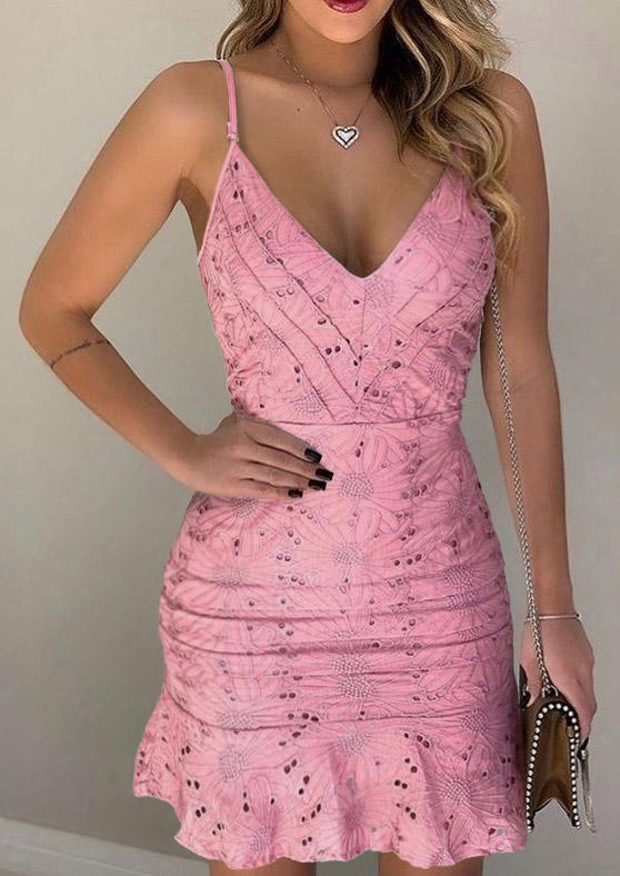 

Hollow Out Ruffled Spaghetti Strap V-Neck Mini Dress - Pink, SCM014526