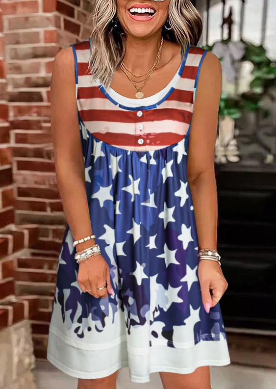 

American Flag Button Fake Two-Piece Mini Dress, Multicolor, SCM014697