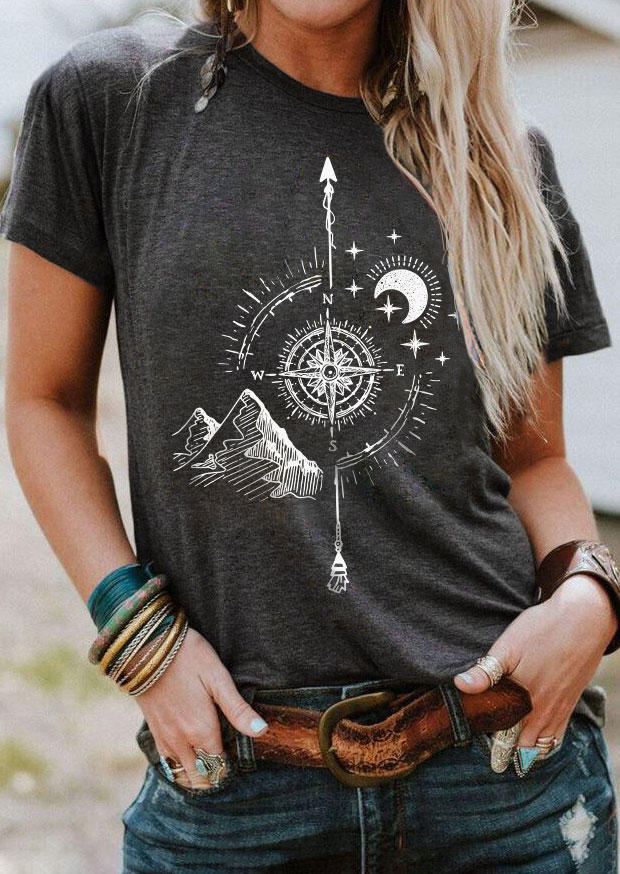 

Outdoor Mountain Moon Compass T-Shirt Tee - Dark Grey, Gray, SCM014720