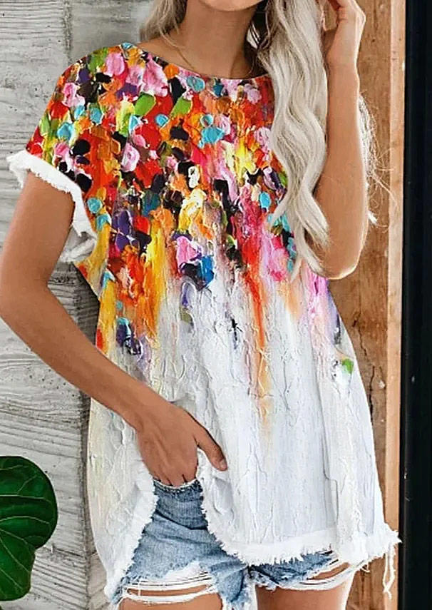 

Oil Painting Frayed Hem Blouse, Multicolor, SCM014798