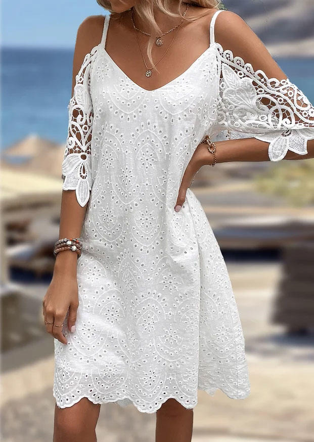 

Lace Splicing Cold Shoulder Mini Dress - White, SCM014853