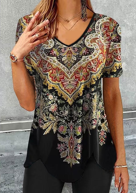 

Ethnic Floral Short Sleeve V-Neck Blouse - Black, SCM014854
