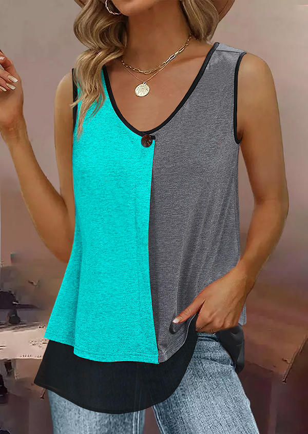 

Color Block Lace Button Fake Two-Piece Tank, Multicolor, SCM014375