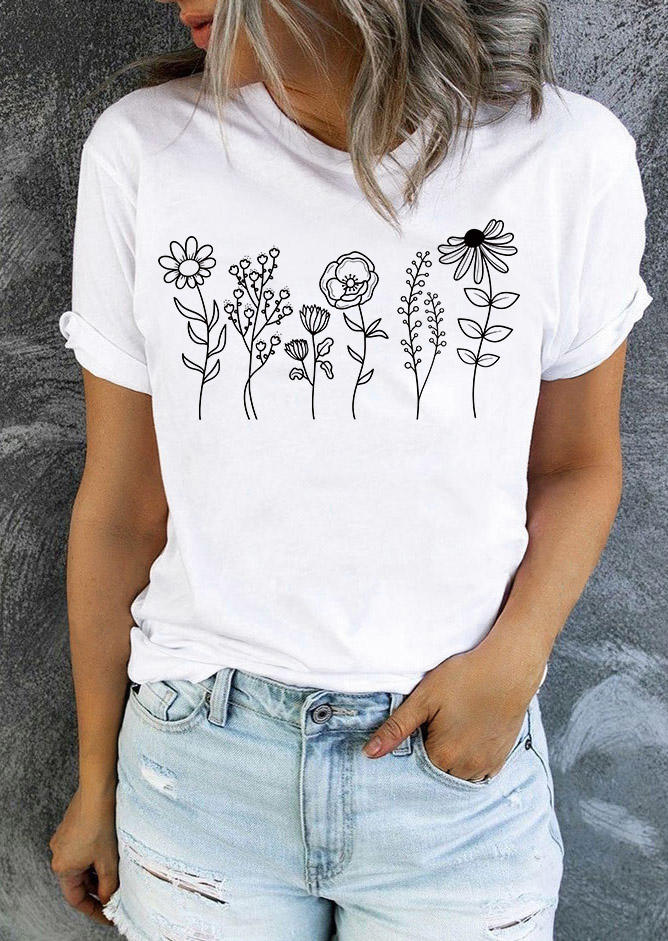 

Wild Floral O-Neck T-Shirt Tee - White, SCM014834