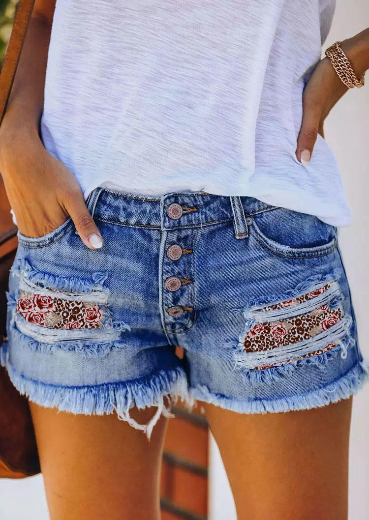 

Leopard Floral Pocket Button Ripped Denim Shorts - Blue, SCM014898