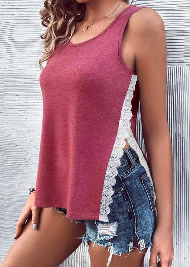 

Lace Splicing Slit O-Neck Tank, Red, SCM014091