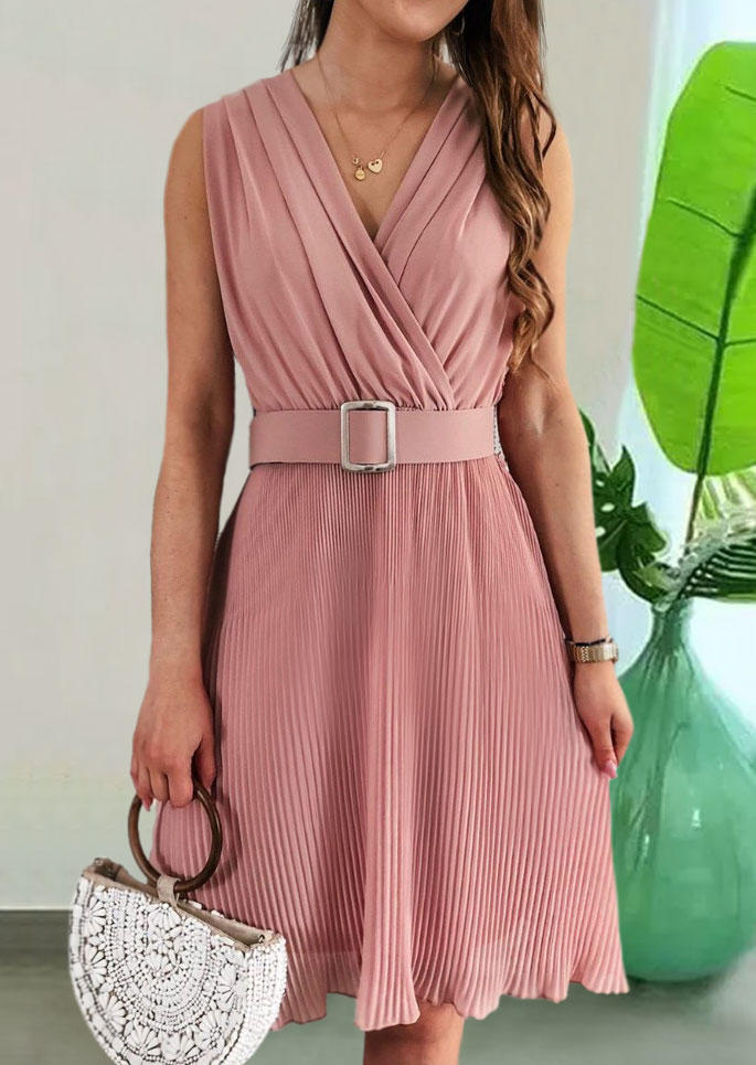 

Ruched Pleated Chiffon Mini Dress With Belt - Pink, SCM014642