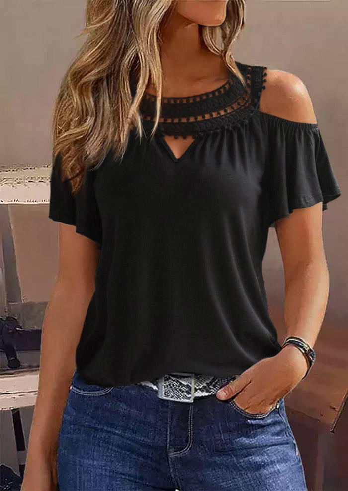 

Button Hollow Out Cold Shoulder Blouse - Black, SCM014650