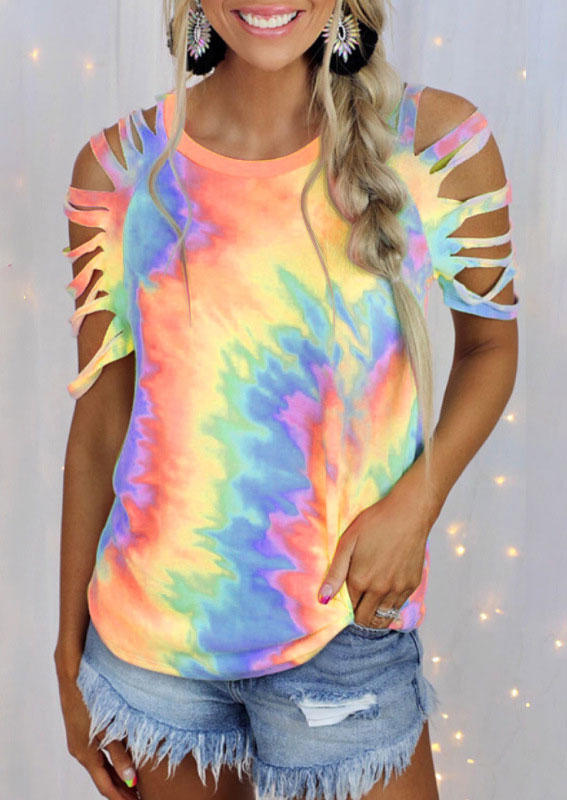 

Reverse Tie Dye Rainbow Cut Out Cold Shoulder Blouse, Multicolor, SCM014791