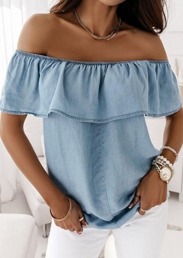

Ruffled Off Shoulder Casual Blouse - Blue, SCM014837