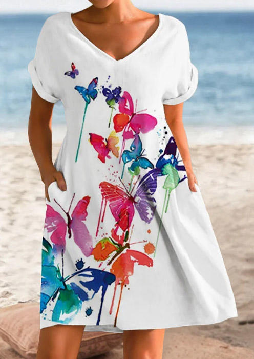 

Butterfly Pockets Short Sleeve Mini Dress, Multicolor, SCM014955