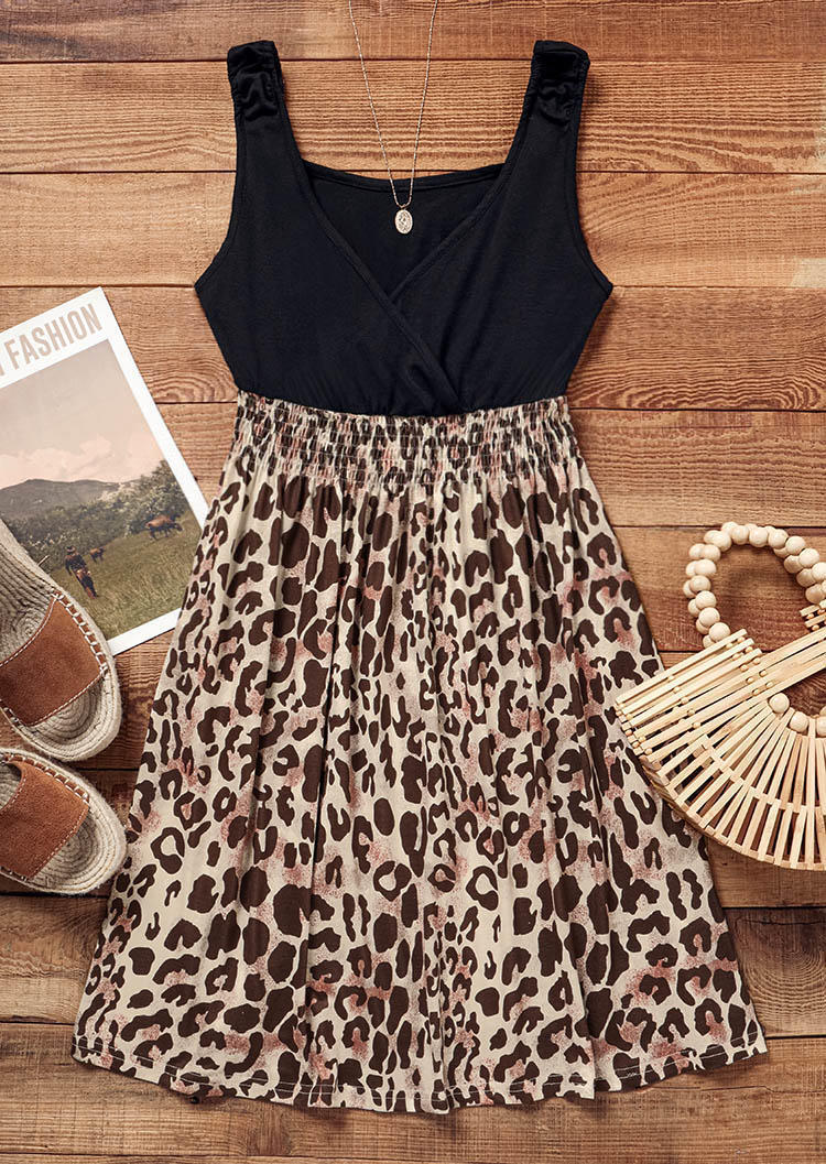 

Leopard Smocked Waist Wrap Mini Dress - Black, SCM012652
