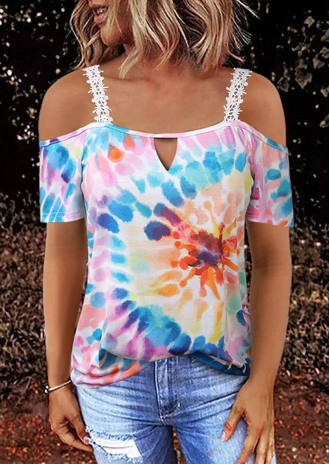 

Tie Dye Lace Cold Shoulder Blouse, Multicolor, SCM014351