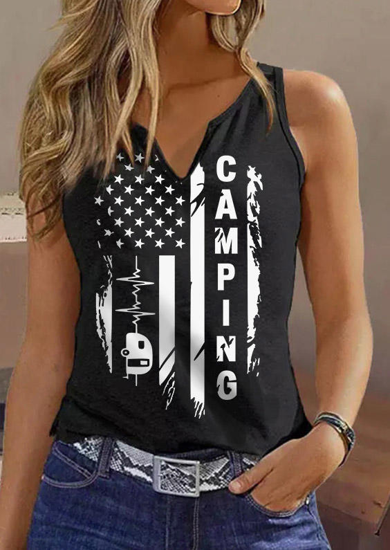 

Camping American Flag Notched Collar Tank - Black, SCM014580