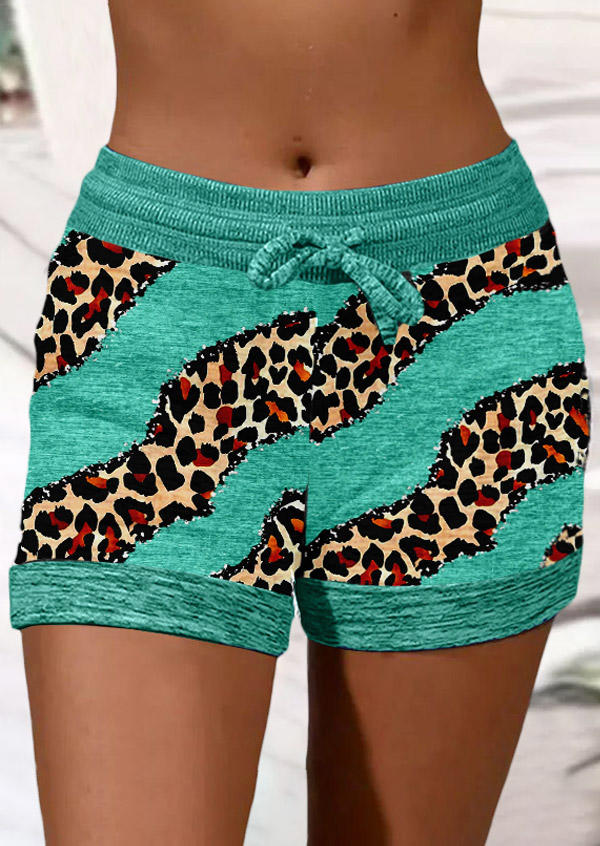 Leopard Drawstring Pocket Shorts - Light Green